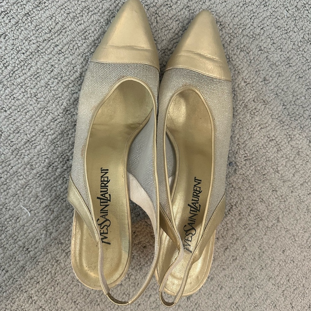 Gold Yves Saint Laurent vintage 80s slingback kitten heels